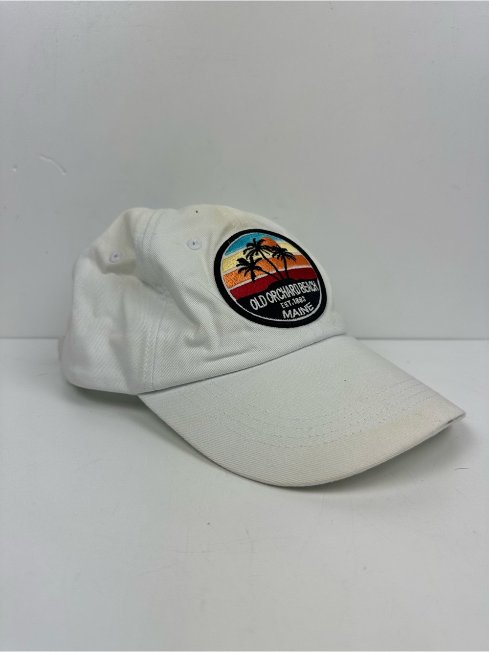 Old Orchard Beach Maine White Dad Hat with Sunset Palm Patch